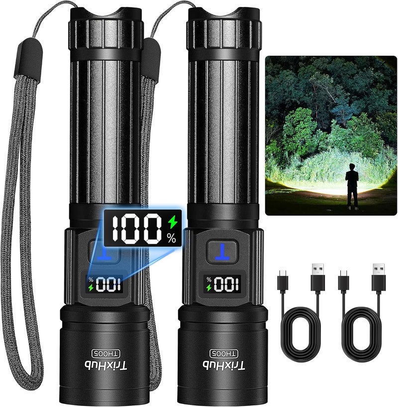 TrixHub Rechargeable Flashlights 2 Pack, Super Bright High Lumens Flash Light, 5 Modes Zoomable Linternas with LCD Digital Display, Powerful Handheld LED Flashlights for Home Emergencies Camping - Image 1